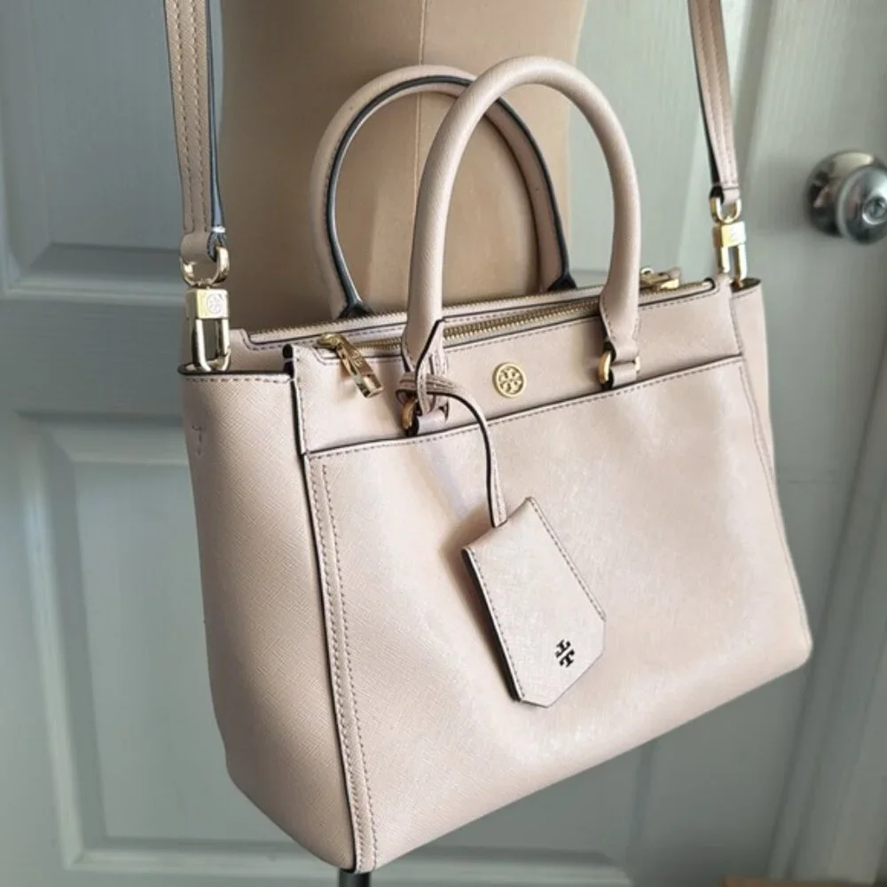 Tory Burch Double Zip Saffiano Leather Pink Tote Handbag Cossbody